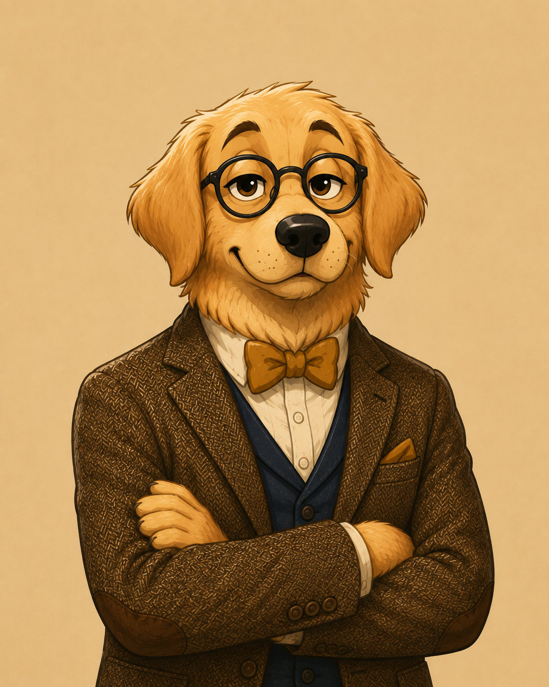 Professor Golden, an illustrated Golden Retriever in a tweed jacket and round glasses